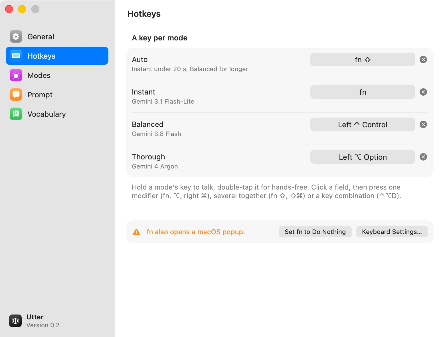 Utter settings: a key for each mode