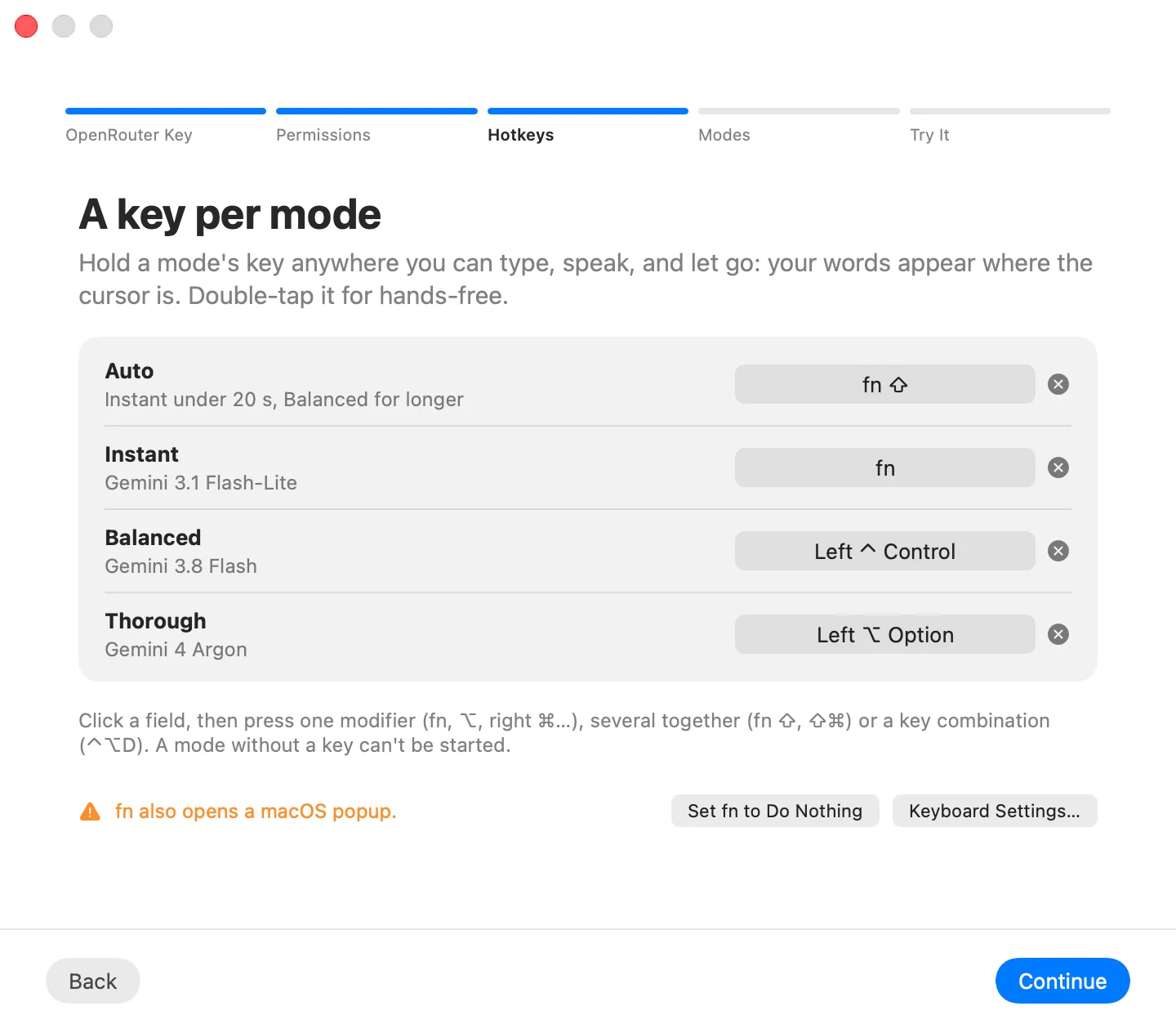 Choosing a key for each mode