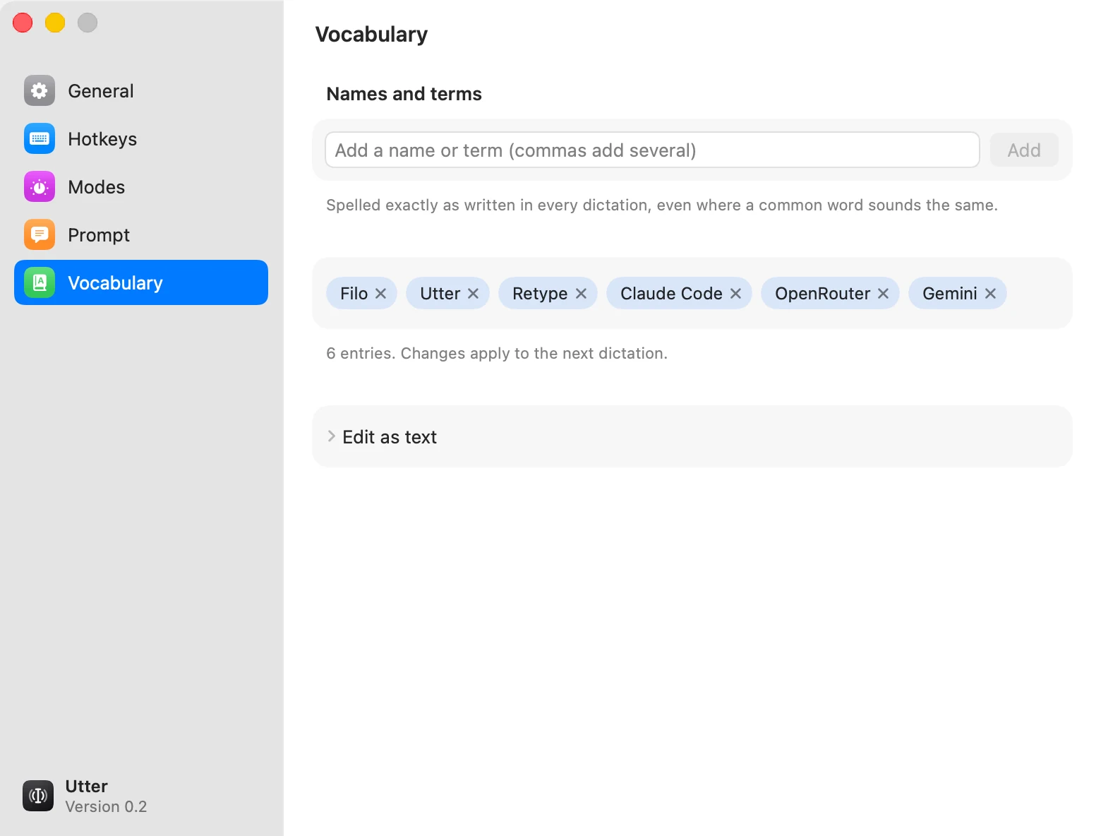 Utter vocabulary settings